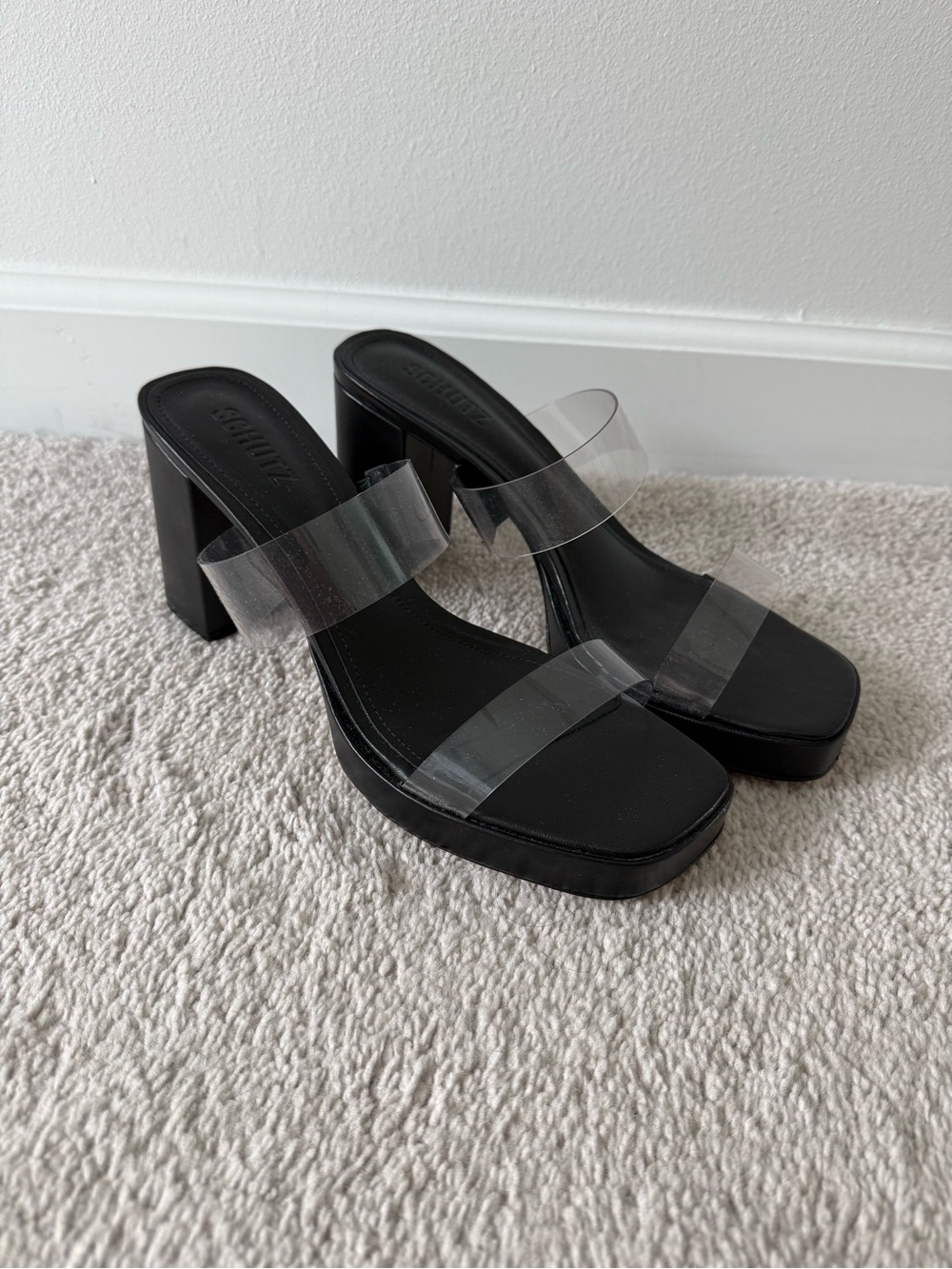 SCHUTZ “Arielle” Platform Clear Strap Black Block Heels
